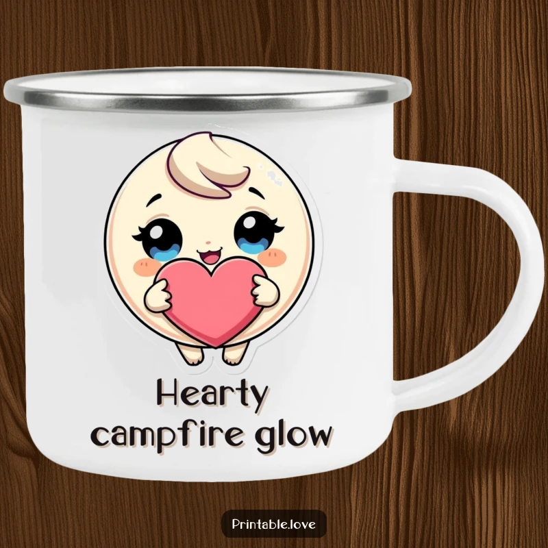 Funny Giggling Heart Camping Mug: An enamel mug showing a giggling character with huge eyes holding a giant heart, perfect for happy campers.