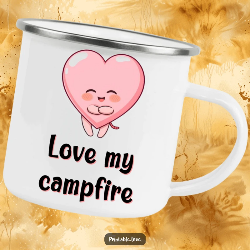 Funny Giggling Heart Camping Mug: character hugging a large heart, perfect for outdoor fun.