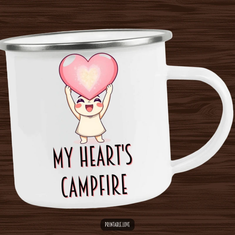 Funny joyful character camping mug, a happy figure holding a giant sparkling heart, perfect for outdoor fun.