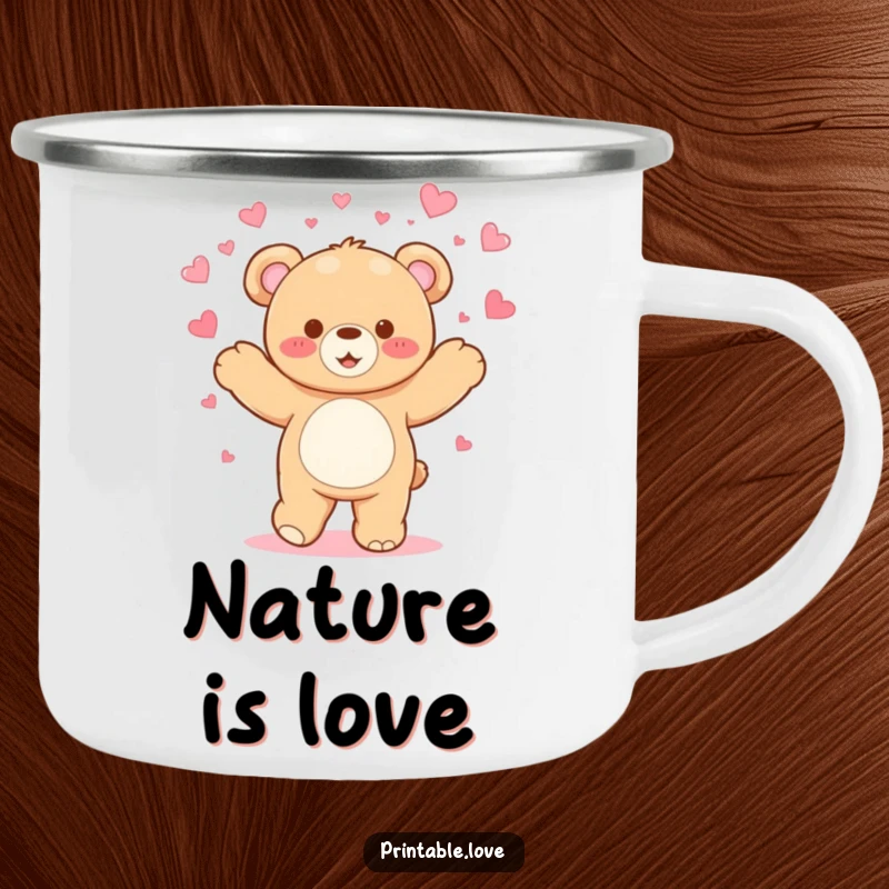Funny Kawaii Teddy Bear Camping Mug: A dancing bear showers hearts, perfect for humorous outdoor beverage enjoyment.