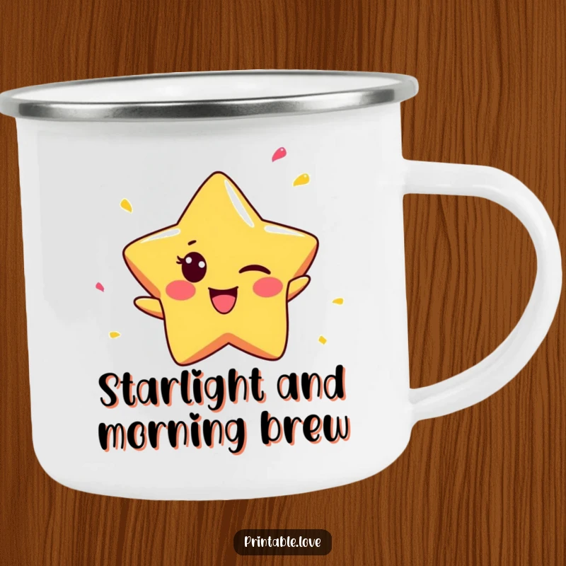 Funny Star Camping Mug: A tiny winking star character gleefully throws confetti, perfect for adding festive fun to outdoor drinks.