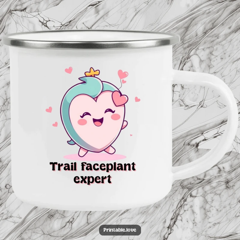 Funny camping mug depicting a small, energetic heart character in a gleeful trip, ready for outdoor fun with an infectious smile.