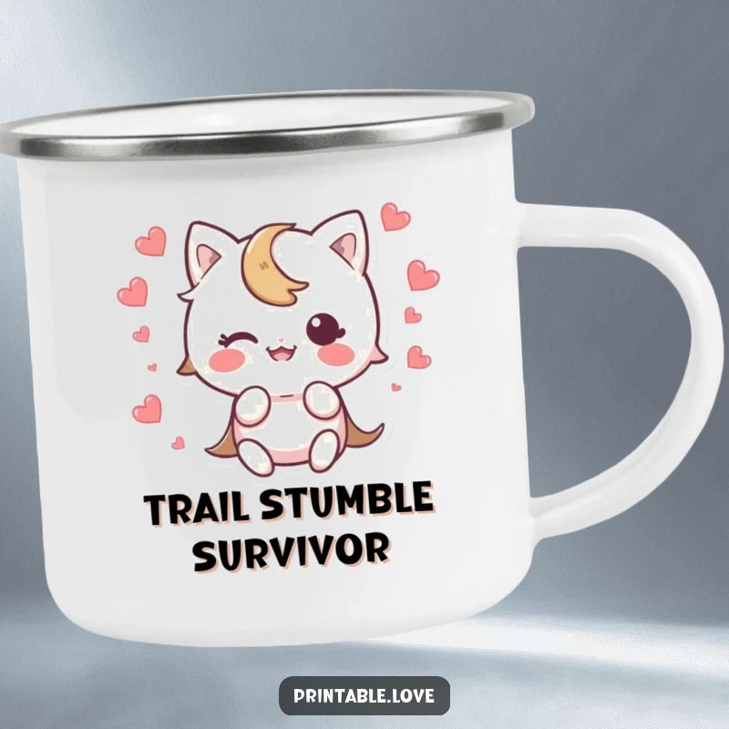 Funny Kawaii Character Camping Mug with a cute character tripping, heart scattering in surprise, designed for rugged fun.