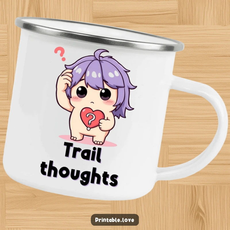 Funny Camping Mug with a confused character scratching their head, holding a heart question mark, designed for durability and enjoyment.