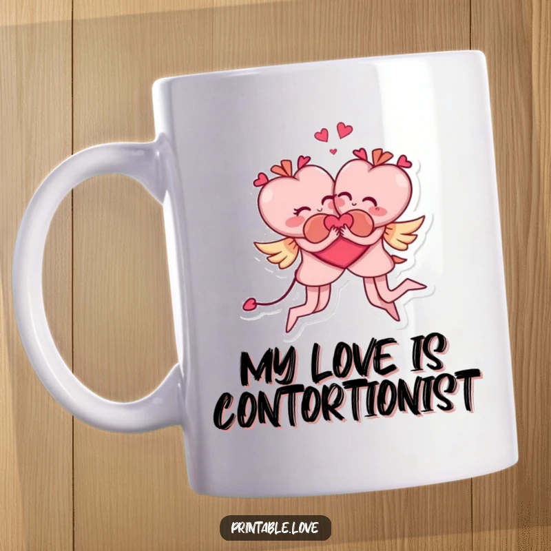 Funny mug showing two adorable heart characters in a comical, acrobatic hug, symbolizing a fun and loving relationship.