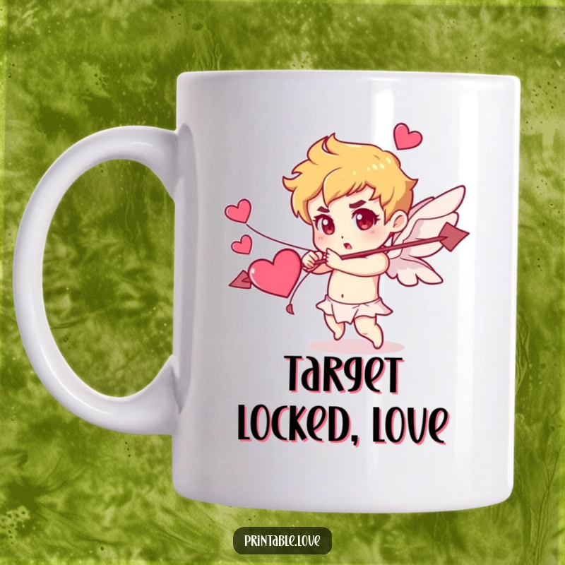 Funny Cupid character mug, determinedly shooting an arrow made of hearts, symbolizing love and playful humor.