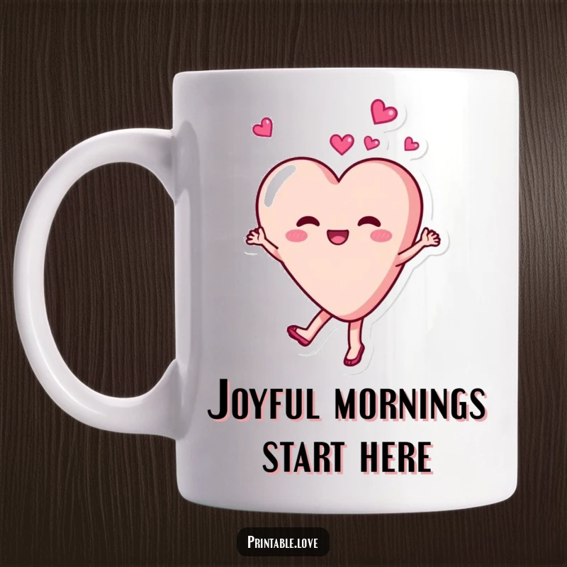 Funny, joyful heart character joyfully dancing and twirling with delight on a mug, celebrating happiness and good times.