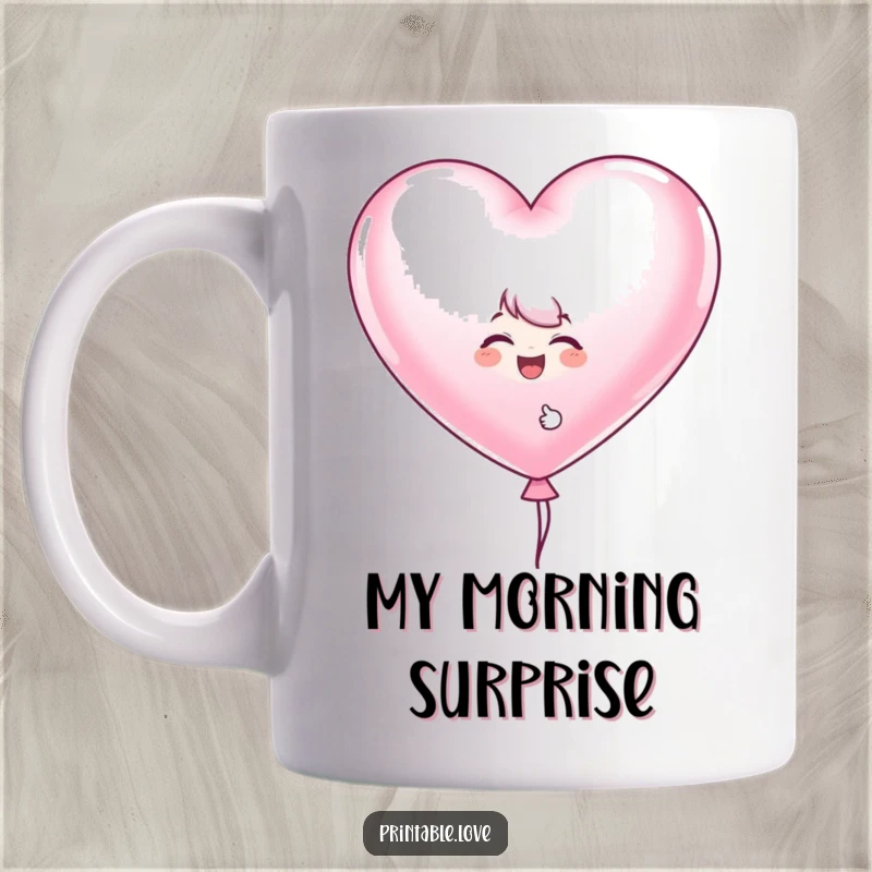 Funny giggling character mug peeking playfully from behind a large, heart-shaped balloon, radiating pure joy and amusement.