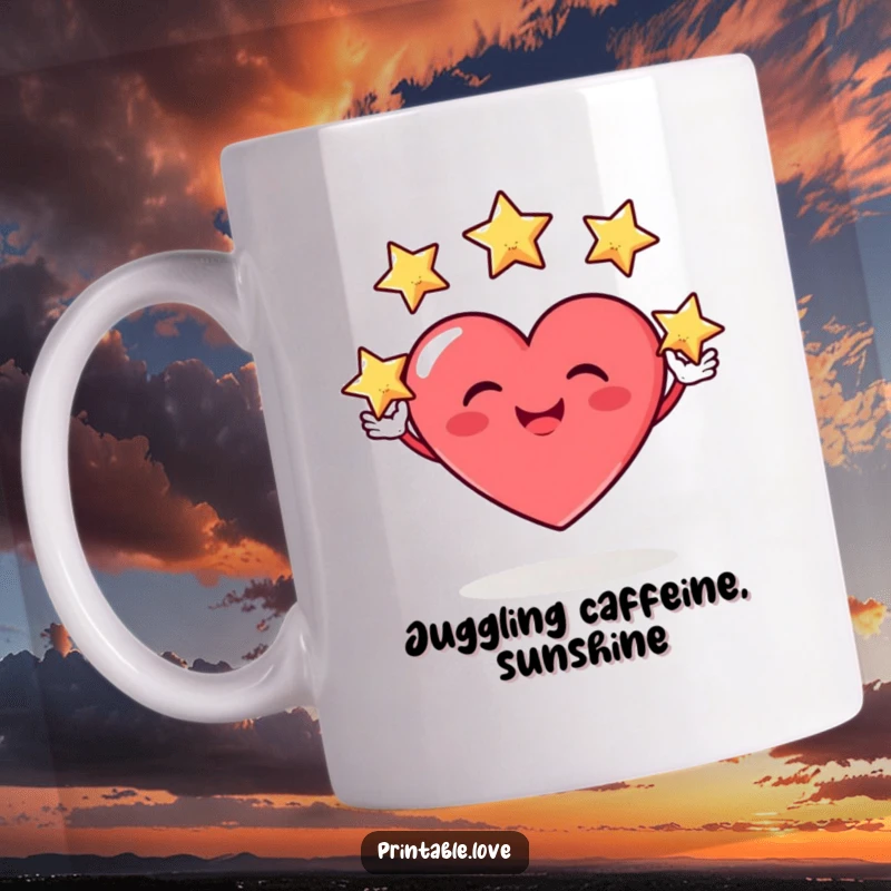 Funny mug illustration of a heart character with a big, silly grin, skillfully juggling three small, twinkling stars.