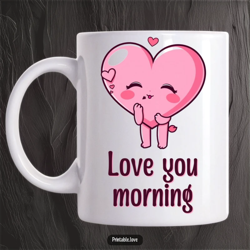 Funny heart character blowing a kiss with a dreamy, romantic expression on a mug, perfect for expressing love.