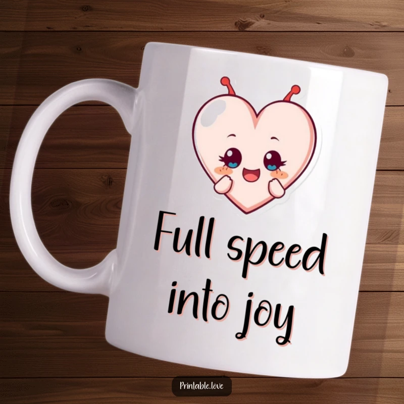 Funny mug illustration of a heart character in mid-tumble, eyes wide open with sheer delight and a joyous, open-mouthed expression.