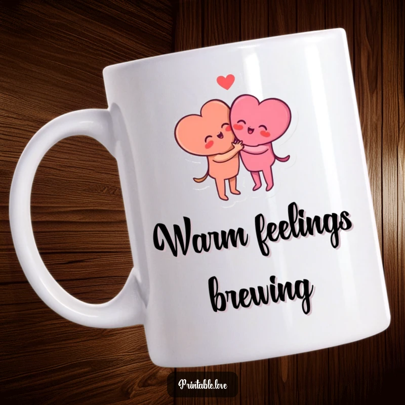 Funny small heart characters in a sweet, loving embrace captured on a mug, symbolizing friendship and affection.