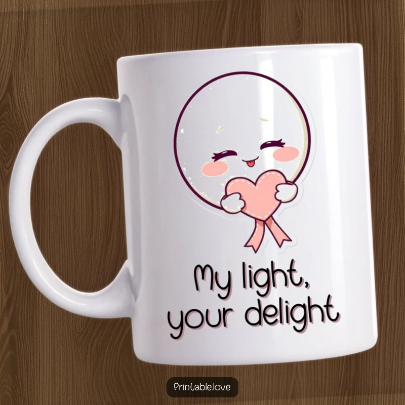 Funny kawaii moon mug winking playfully, holding a red heart-shaped ribbon, conveying mischievous joy and love.