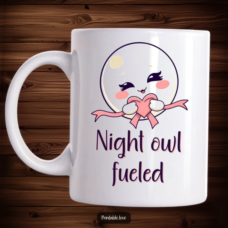 Funny Kawaii Moon Mug: A cute moon character gives a mischievous wink, holding a heart-shaped ribbon, perfect for coffee or tea lovers.
