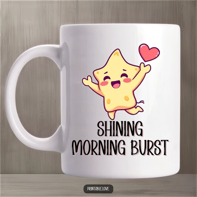 Funny Kawaii Star Mug: A cute star character is depicted in a dramatic, joyful leap, triumphantly holding a heart aloft with sparkling energy.