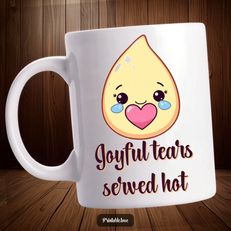 Funny kawaii teardrop character mug, shedding happy, sparkly tears that form a heart shape, expressing pure joy.