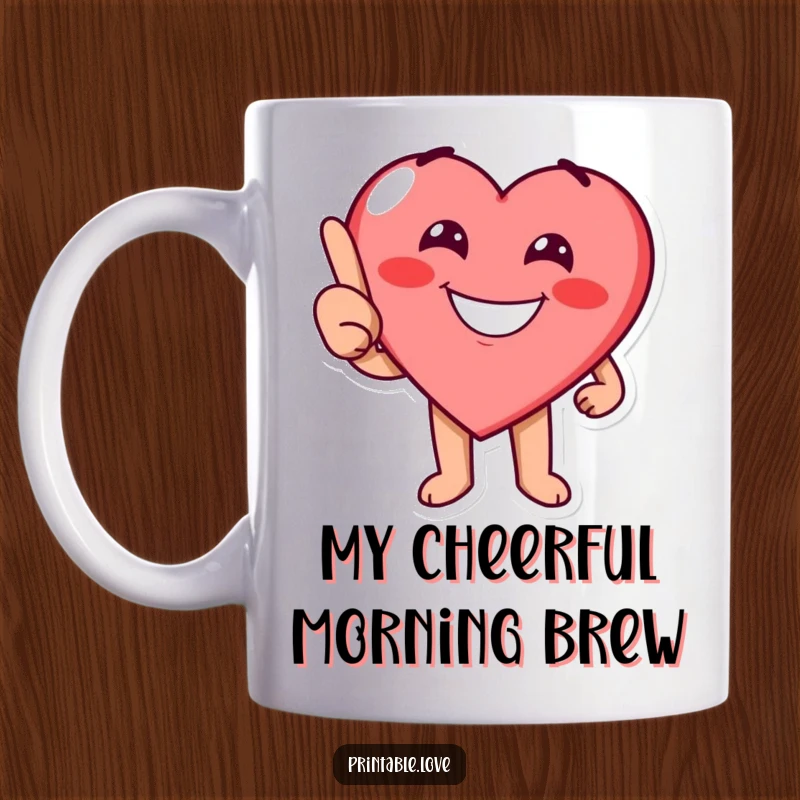 Funny heart character with a cheerful grin playfully pointing in a direction on a mug, expressing guidance and fun.