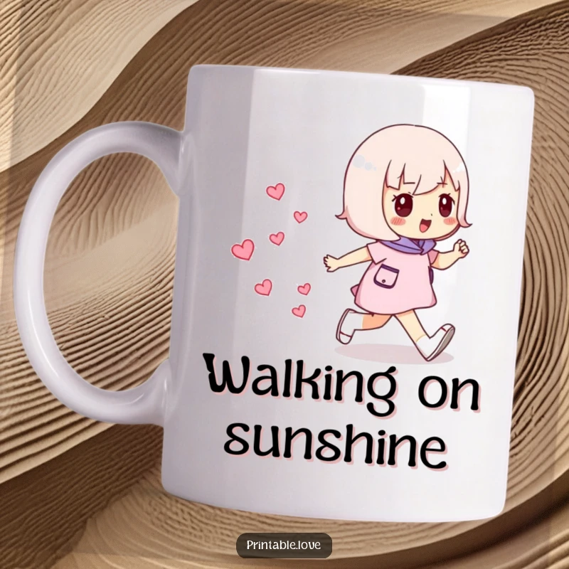 Funny Striding Hearts Mug: Character confidently walking forward, leaving a trail of small red hearts behind.