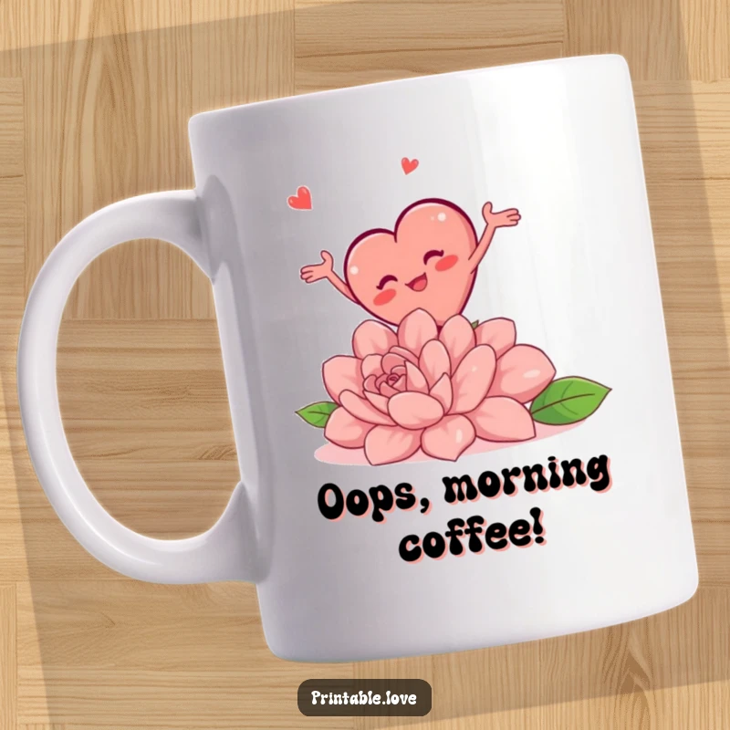 Funny mug showing a chubby heart character mid-trip over a giant flower, arms flailing comically, illustrating a moment of hilarious chaos.