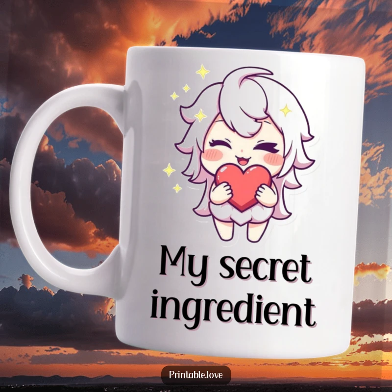 Funny Winking Heart Mug: A sparkling character winks slyly, a mischievous grin on its face, holding a heart.