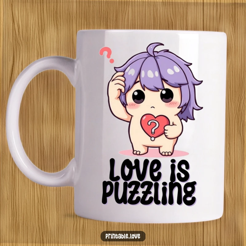 Funny Mug showing a bewildered character scratching head, holding a heart-shaped question mark, symbolizing lovable confusion.