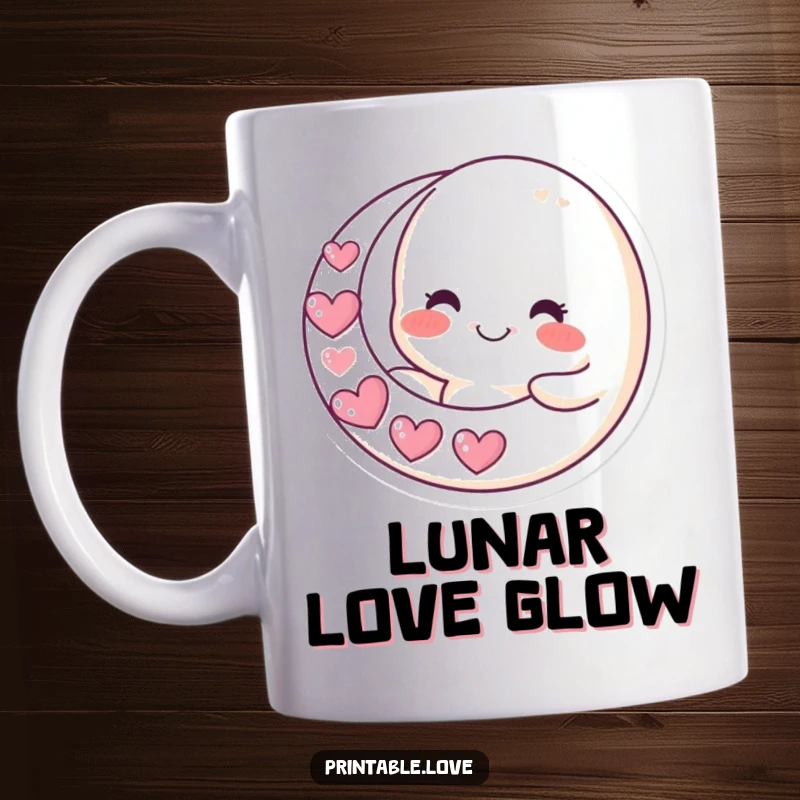 Funny moon character mug, smiling and holding a crescent moon made of hearts, symbolizing love and nightly comfort.