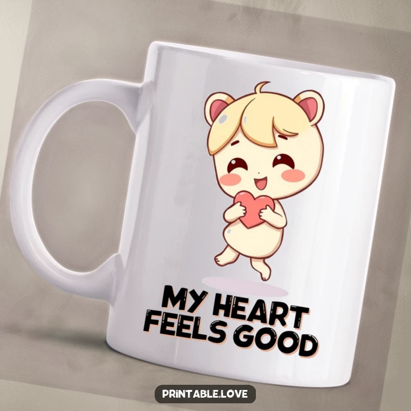 Funny mug showing a character joyfully dancing with a large red heart held close to their chest, radiating happiness.