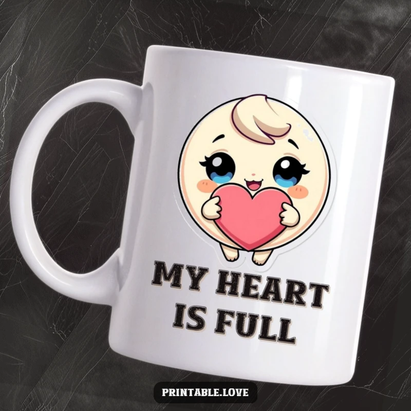 Funny Giggling Heart Mug: A round character with massive eyes giggles uncontrollably while clutching a huge heart.