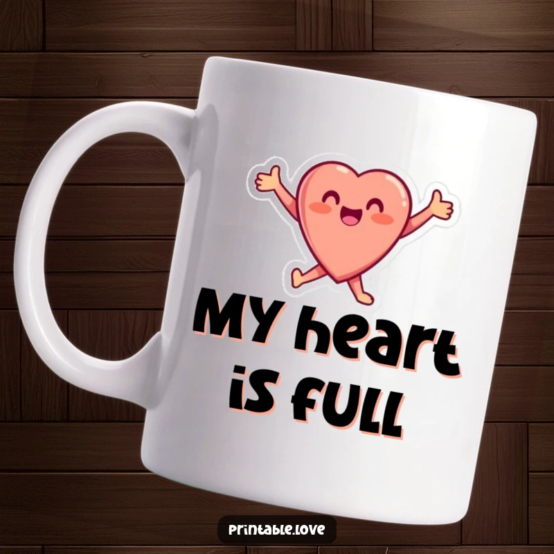 Funny Heart Mug featuring a small, joyful heart character leaping with outstretched arms, radiating pure happiness and excitement.