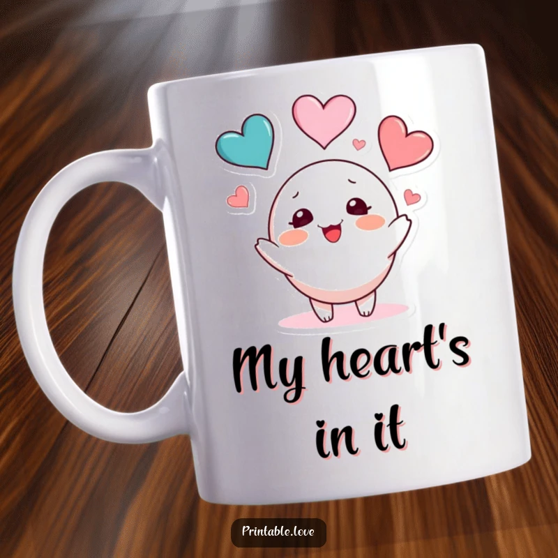 Funny blushing character mug playfully juggling three vibrant hearts, radiating warmth and affection for a joyful experience.