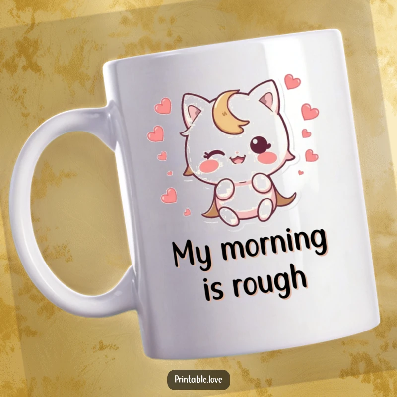 Funny Kawaii Character Mug capturing a cute character tripping, with a heart scattering in surprise, perfect for a laugh.