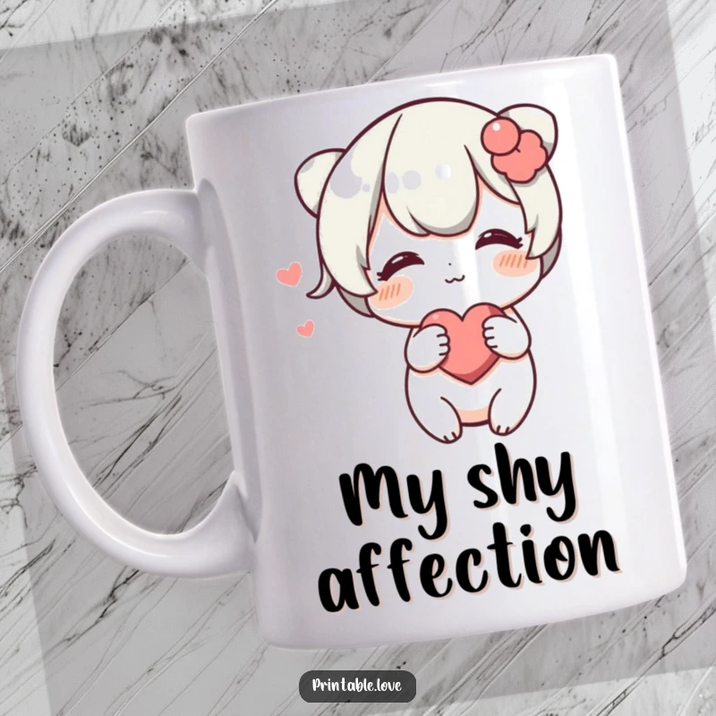 Funny Blushing Heart Mug: A shy character blushes deeply while gently pushing a heart towards you.
