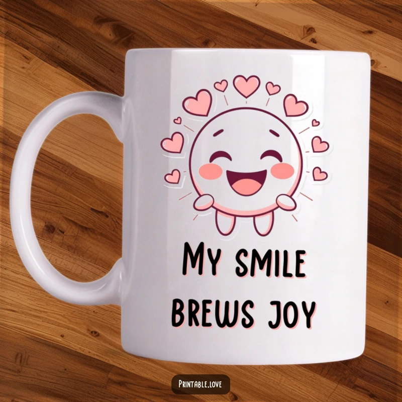 Funny Kawaii Smiley Face Mug, cartoon character bursting with laughter, radiating heart shapes, conveying pure happiness and love.