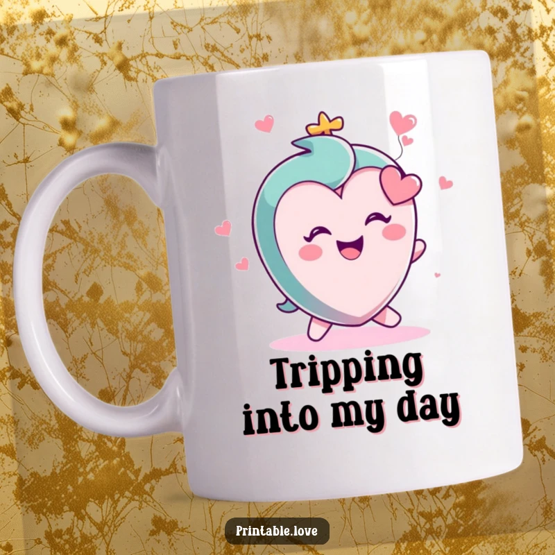 Funny mug illustration of a very small, cute heart character stumbling forward with eyes closed and a wide, gleeful smile, mid-trip.
