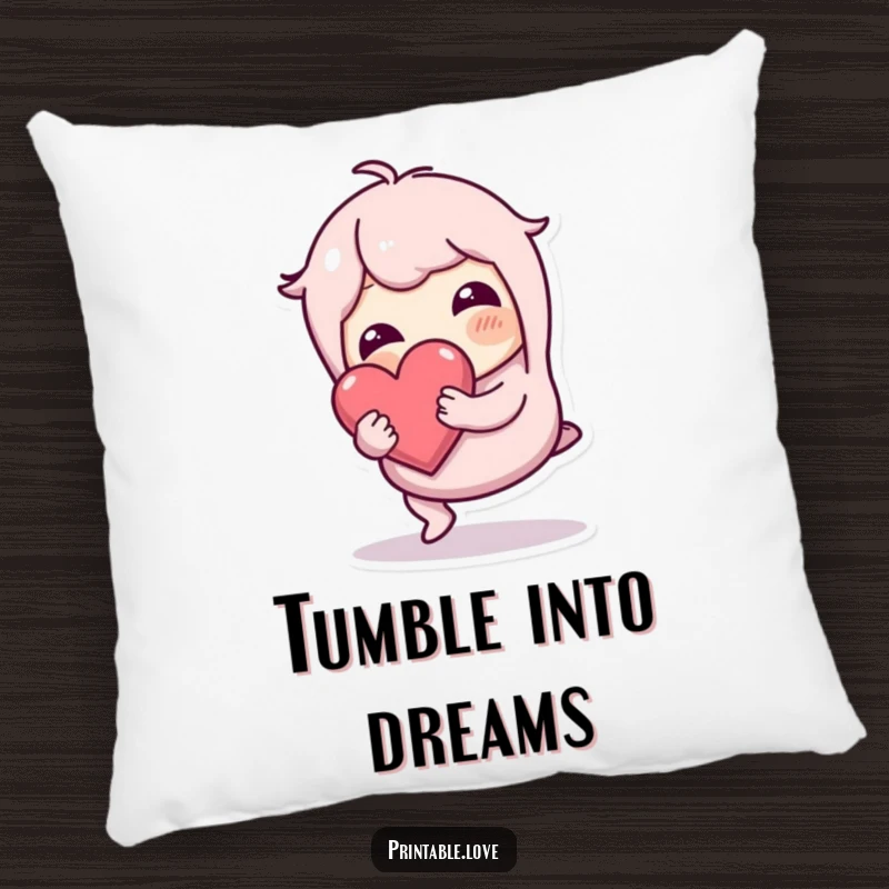 Funny wobbly character on a soft pillow, tripping but holding a heart safely, offering comfort and a touch of resilience.