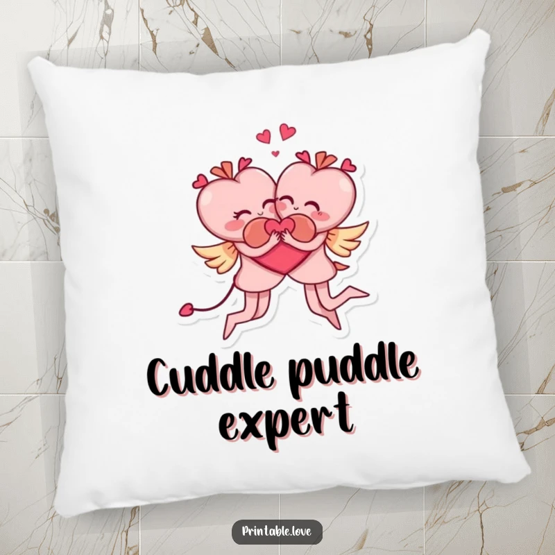 Funny pillow with two heart characters in a humorous, acrobatic embrace, offering a soft touch of playful romance.