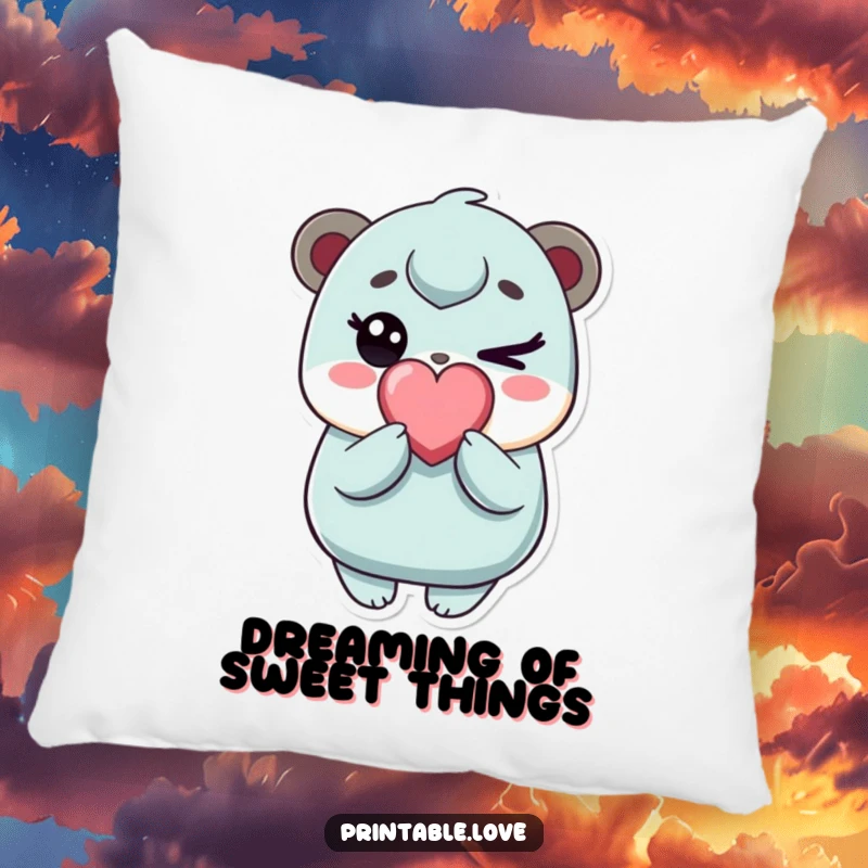 Funny kawaii character pillow, soft and cozy, playfully winking with a heart candy, cute decorative accent, perfect funny gift.