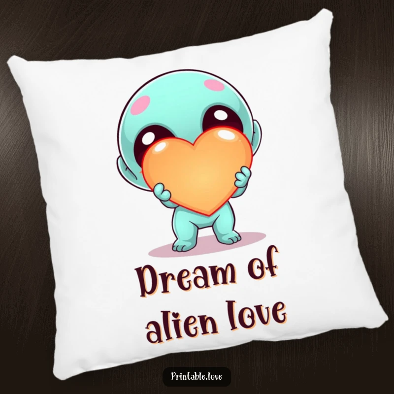 Funny Kawaii Alien Heart Pillow, soft cartoon alien enthusiastically offering a large, luminous heart, perfect for cozy and charming decor.