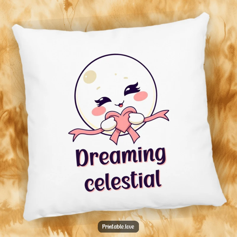 Funny Kawaii Moon Pillow: A soft, plush pillow featuring a mischievous winking moon character holding a heart-shaped ribbon, offering comfort and charm.