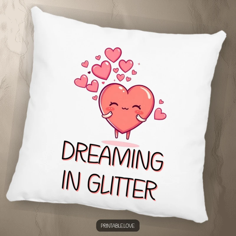 Funny decorative pillow with a heart character blowing a cloud of sparkly hearts, offering a soft and magical touch.
