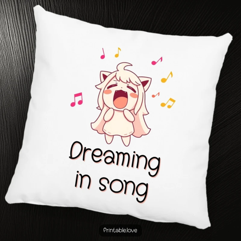 Funny character singing loudly, musical notes flying out, plush pillow, perfect for music lovers.