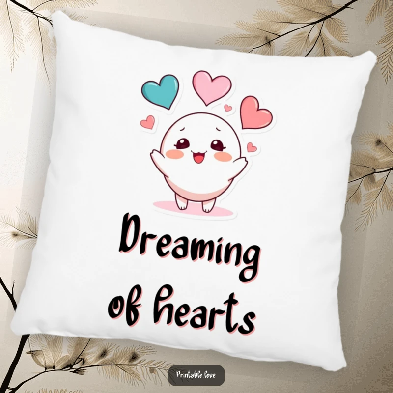 Funny blushing character pillow with a cute figure playfully juggling three colorful hearts, offering soft, lovable comfort.