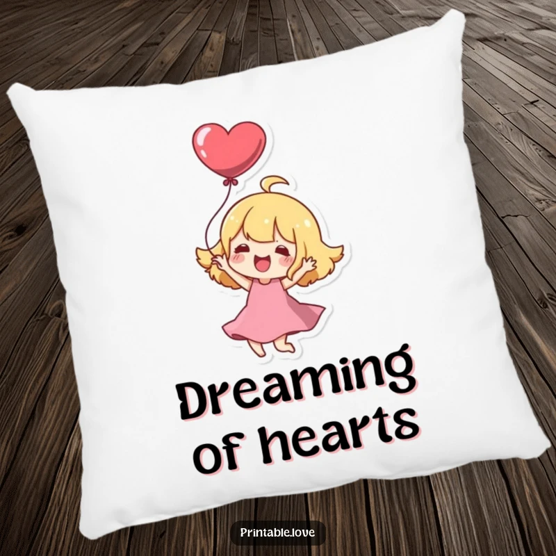 Funny Pillow: A Kawaii character joyfully twirls with a heart balloon, bringing cozy cuteness and joy.