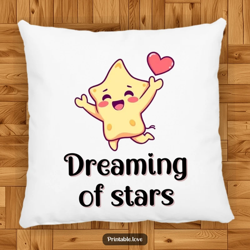 Funny Kawaii Star Pillow: A plush pillow featuring a dynamic star character in a joyful leap, holding a heart aloft, perfect for cozying up with celebratory vibes.