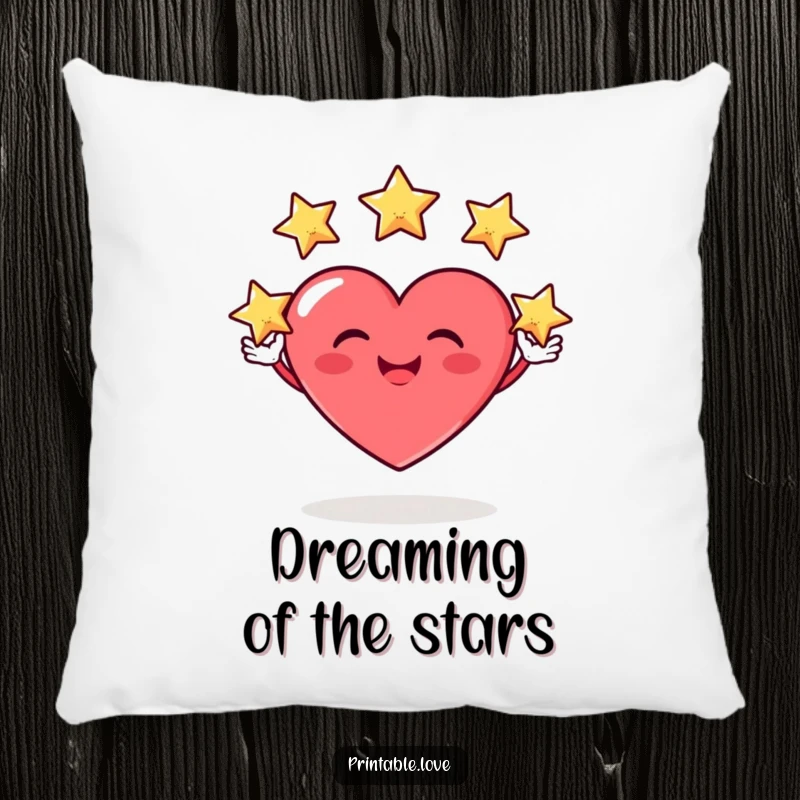 Funny cushion featuring a heart character with a wide, silly grin, skillfully juggling three tiny stars with a playful and happy demeanor.