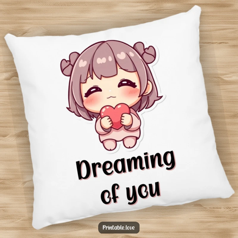 Funny Pillow: A shy character is blushing with rosy cheeks, holding a single delicate heart, soft and cuddly.