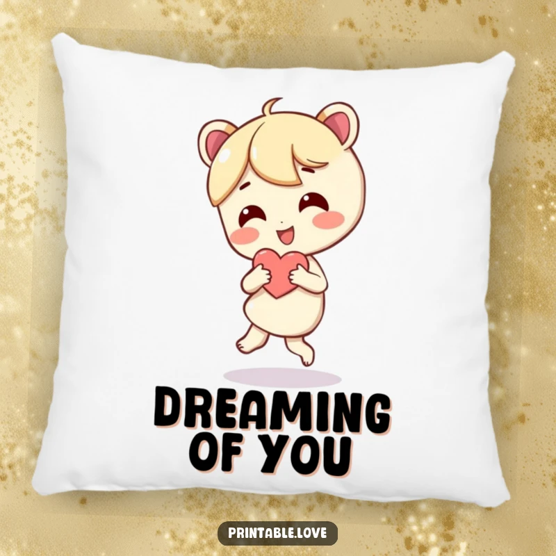 Funny pillow featuring a character dancing with glee while holding a heart, perfect for a soft, joyful touch.