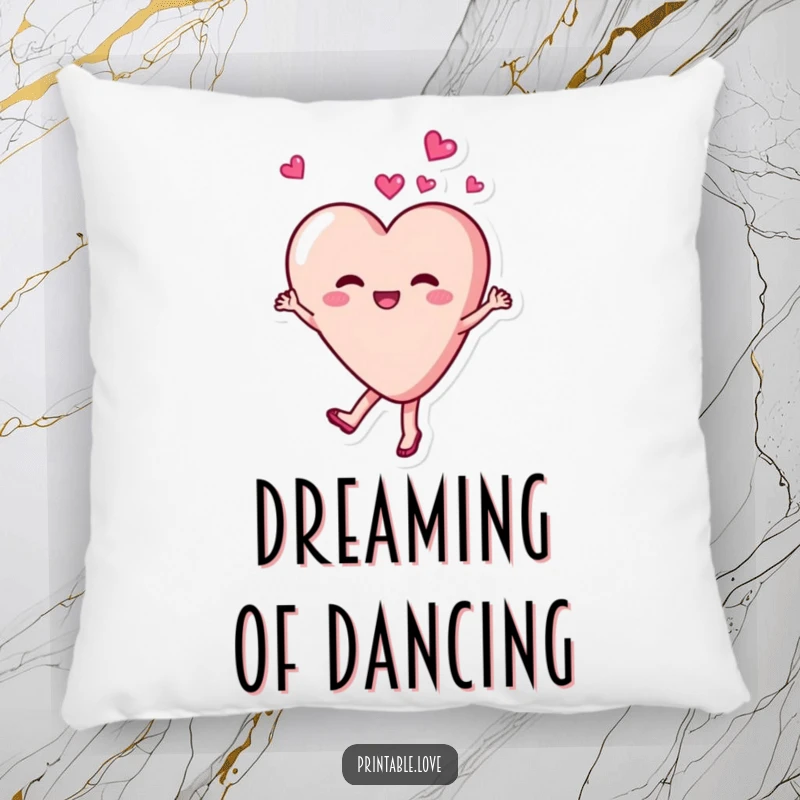 Funny, joyful heart character dancing and twirling with delight on a soft pillow, perfect for cozying up.