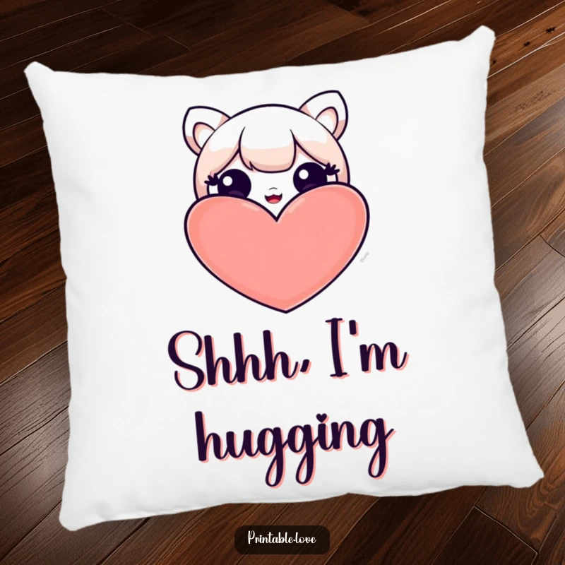 Funny pillow with a cute kawaii character peeking over a large heart, offering soft comfort and a dash of endearing humor.