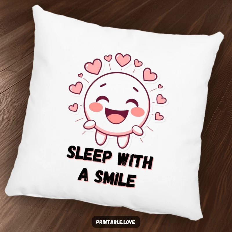 Funny Kawaii Smiley Face Pillow, soft cartoon character bursting with laughter, surrounded by heart shapes, perfect for cozy and cheerful decor.